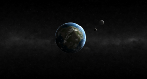 The planet Uan, surrounded by it's two moons, Nan and Mer in front of a vast field of stars.